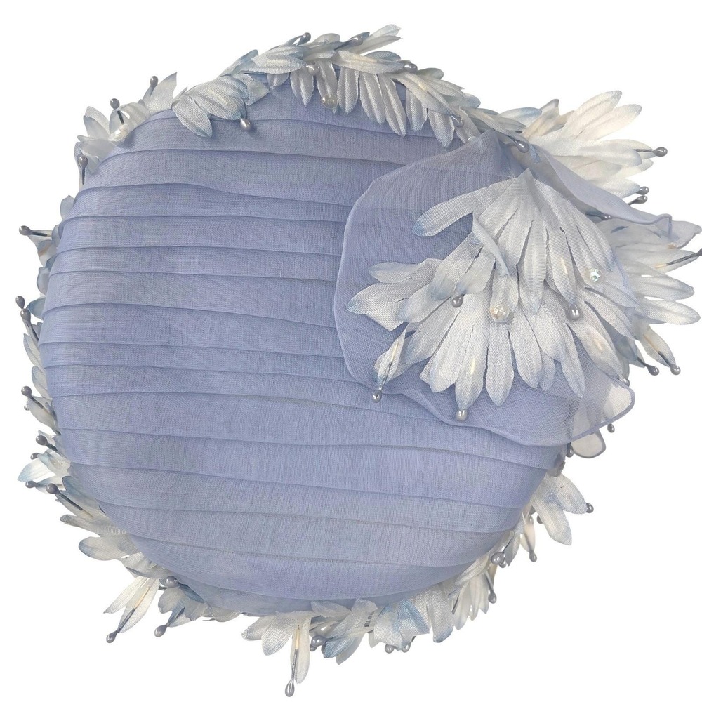 Vintage Women's Pillbox Hat Blue Chiffon Floral Fabric Petals 60s Church Retro - Picture 3 of 5